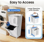 2 Tier Rolling Laundry Hamper Sorter, Removable Laundry Basket Thick Storage Rack Classification with Wheels and Handle White Portable Storage Baskets with 3 Deep Baskets