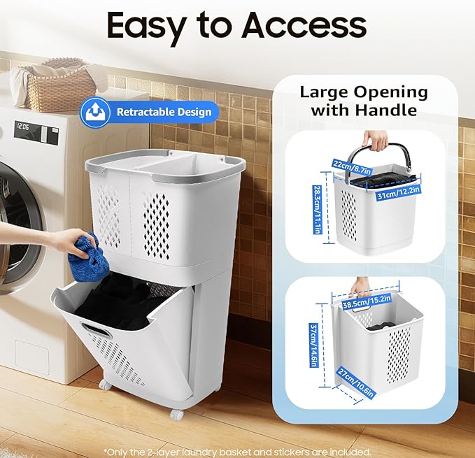2 Tier Rolling Laundry Hamper Sorter, Removable Laundry Basket Thick Storage Rack Classification with Wheels and Handle White Portable Storage Baskets with 3 Deep Baskets