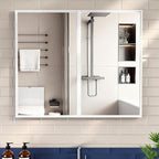 26 x 32 inch, Bathroom Medicine Cabinet, Double Mirror Doors, Bathroom Recessed Cabinet, Platstic Framed with Double Doors Wall Cabinet, Removable Glass Shelves, Recessed or Surface Mount