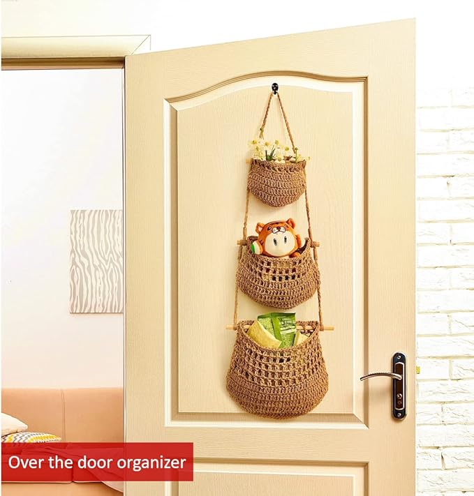 Hanging Fruit Basket, 3 Tier Woven Jute Wall Hanging Basket for Organizing, Hanging Produce Basket for Fruit & Vegetable Storage, Boho Kitchen Decor, Wall Basket Storage for Kitchen, Bedroom, Bathroom