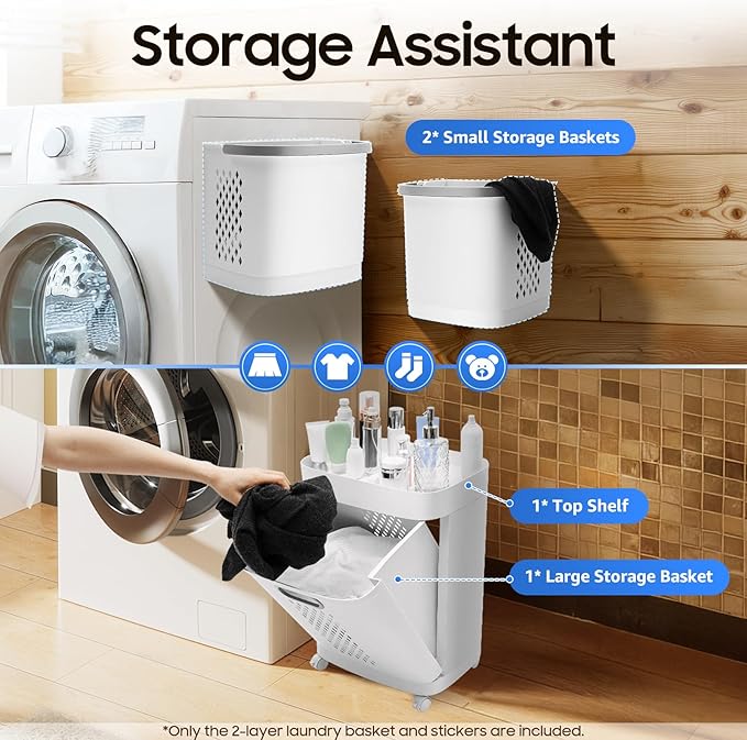 2 Tier Rolling Laundry Hamper Sorter, Removable Laundry Basket Thick Storage Rack Classification with Wheels and Handle White Portable Storage Baskets with 3 Deep Baskets