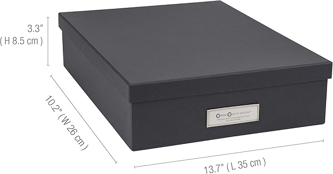 Bigso Oskar Fiberboard Label Frame Document Letter Box - File Organizer Box for Important Paperwork - Document Storage with a Lid & Metal Label Window - 3.3 in x 10.2 in x 13.8 in - Dark Grey