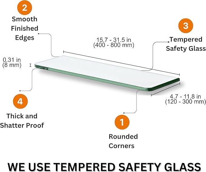 Glass Shelves - Tempered Safety Glass Shelves for Bathroom, Choose Over 20 Shelf Brackets and Multiple Shelf Sizes - Cuadro Maxi Style - 23.6 x 11.8 in - Stainless Clip