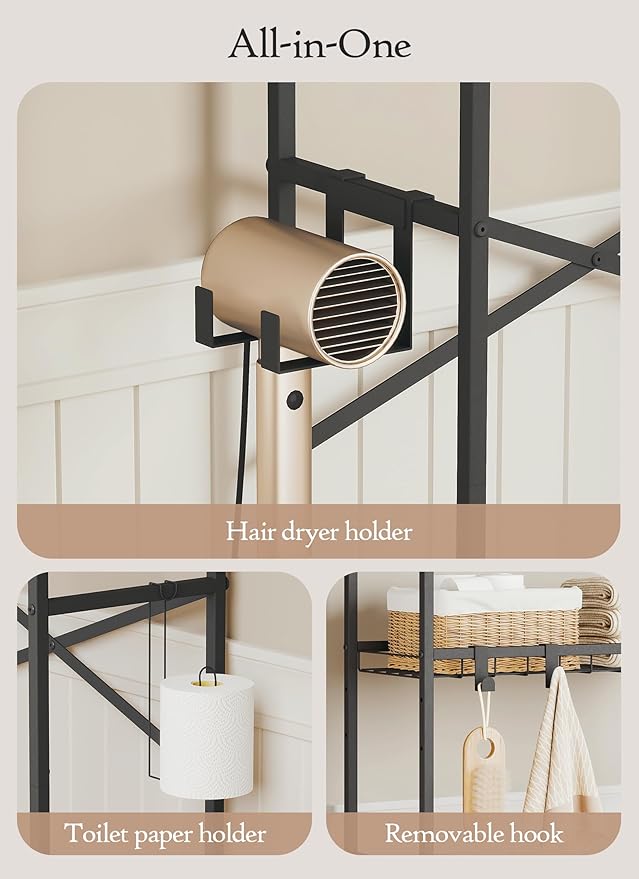 4 Tier Over The Toilet Storage Shelf with 3 Adjustable Shelves, Space Saver Bathroom Organizer with 4 Hooks, Freestanding Above Toilet Rack for Restroom Laundry (Brown)