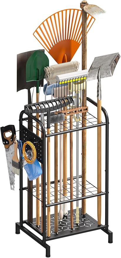 Garden Tool Organizer, Garden Tool Rack and Storage, Up to 35 Long-Handled Tools/Rakes/Brooms, Heavy Duty Steel Stand for Yard, Shed, Outdoor, Black