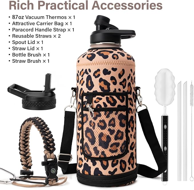 Insulated Water Bottle | Thickened Stainless Steel for Gym and Hiking with Straw, Carrier Bag, Handle Strap | BPA-Free 87 oz