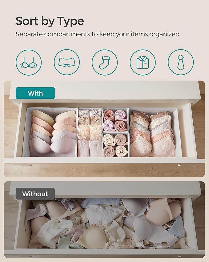 SONGMICS Drawer Organizer,Dresser Drawer Organizers, Set of 12, Foldable Fabric Storage Bins for Socks, Underwear, Bras, Ties, Scarves, Cloud White URDZ006W02