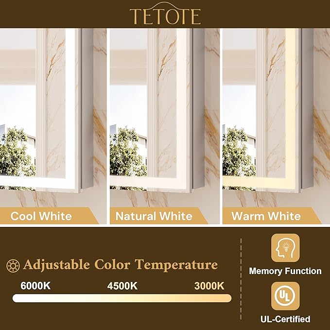 TETOTE 16 x 24 Lighted Bathroom Medicine Cabinet with Adjustable Shelves, Silver Aluminum Cabinet, Anti-Fog Stepless Dimmable 3 Colors White/Warm/Natural, Easy to Install(Wall Mount/Recessed)