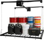 Overhead Garage Storage Rack, 48 * 48in Metal Garage Ceiling Rack Adjustable Organization System 300 Lb Weight Capacity Dual-Rope Design Rotating Handle for Storing Tools and Items