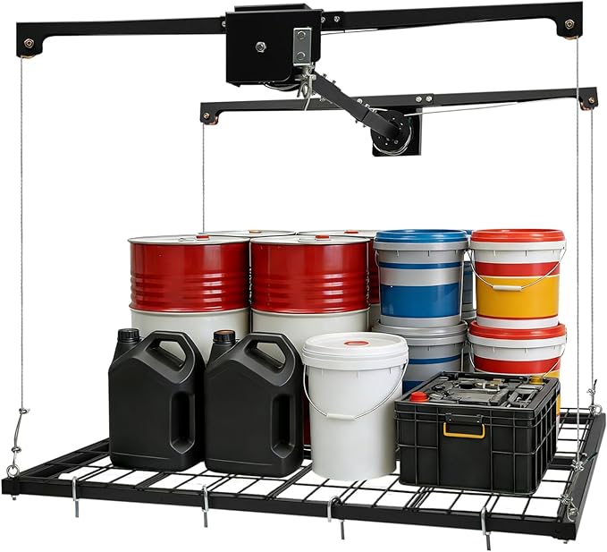 Overhead Garage Storage Rack, 48 * 48in Metal Garage Ceiling Rack Adjustable Organization System 300 Lb Weight Capacity Dual-Rope Design Rotating Handle for Storing Tools and Items
