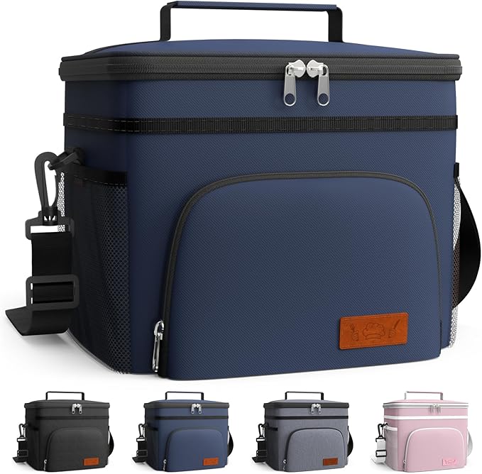 HOTOR Insulated Lunch Box for Men & Women - Leak-Proof Cooler Lunch Bag with 4 Pockets, Adjustable Strap, Ideal for Work, Picnic, Travel - Large, Navy Blue, 13.0"×7.9"×9.1"