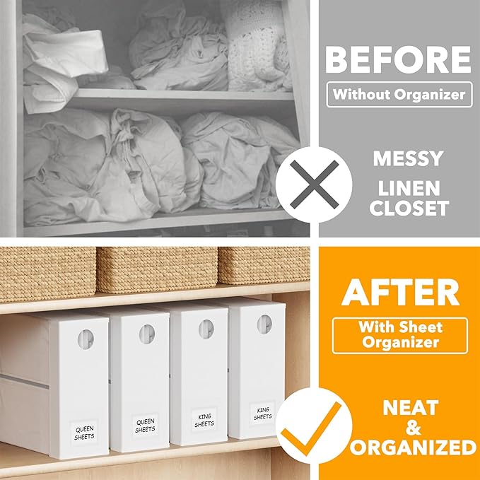 SpaceAid 4 Pack Bed Sheet Organizers and Storage, Foldable Sheet Organizer for Linen Closet, Sheets Set Folder Keeper with Window XL (Queen & King Size) Organizing Bedding Container, White