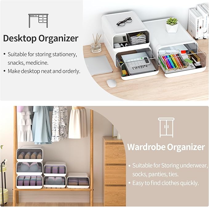Underwear Organizer Drawer, 10 Cells Plastic Sock Underwear Storage Drawer, Stackable Closet Organizers and Storage Box for Bras, Socks, Scarves, Ties, Belt (Queen Size-White, 1 Pcs)