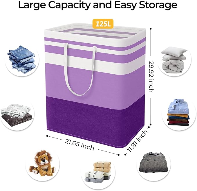 HomeHacks 2 Pack Large Laundry Baskets, Waterproof, Freestanding Laundry Hampers, Collapsible Clothes Hamper with Reinforced Handles in Laundry, College Dorm, Bathroom, Bedroom (Purple, 125Lx2)