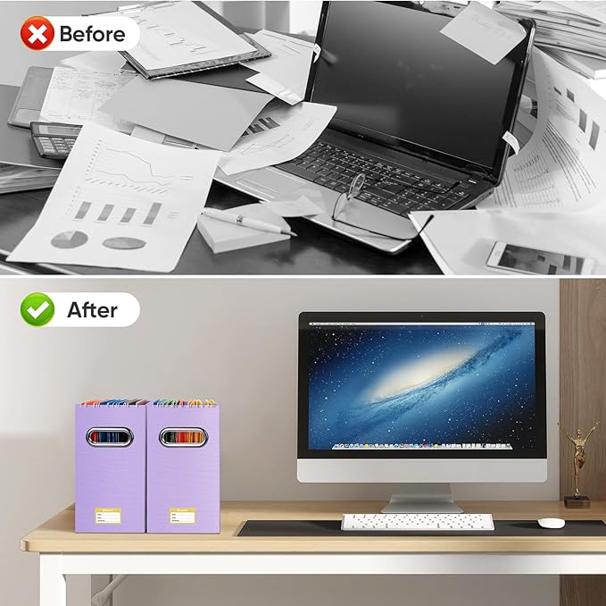 BALEINE File Organizer Box, Cardboard File Folder Organizer with Handle for Letter Size, Portable Collapsible Hanging Filing Box for Home Office Document Storage (4 Pack, Lavender)