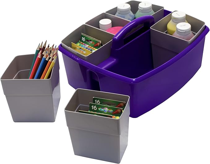 Storex Large Classroom Caddy with Cups, 13 x 11 x 6.575 Inches, Purple, Case of 2 (00986U02C)