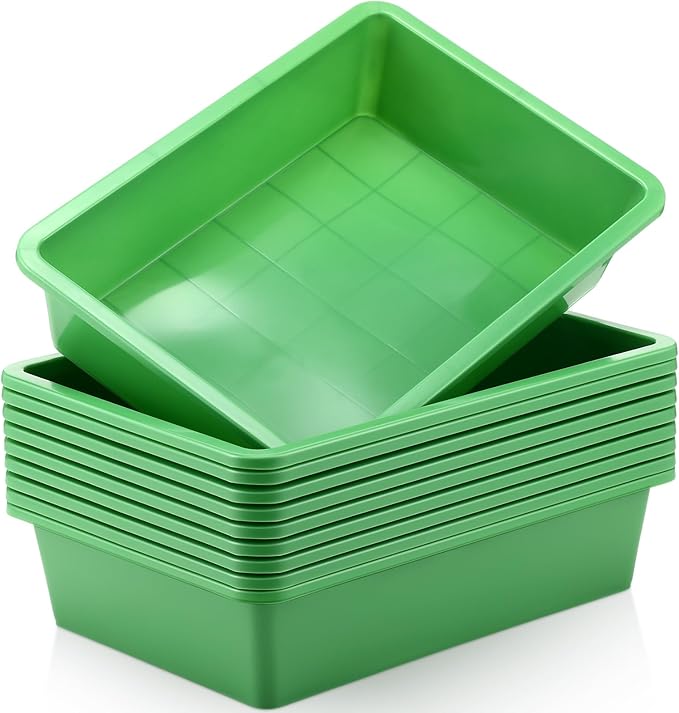 Hoteam 10 Pcs Flat Storage Organizer Tray Bin Letter Size Paper Tray for Classroom Plastic Stackable File Organizer for School Office Teacher Book Organization（ Green, 13.78 x 9.84 x 3.15 Inch）