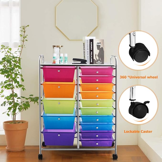 Giantex 15-Drawers Rolling Storage Cart, Mobile Book Paper Organizer Utility Trolley with Wheels, Ideal for School, Office, Home (Rainbow)