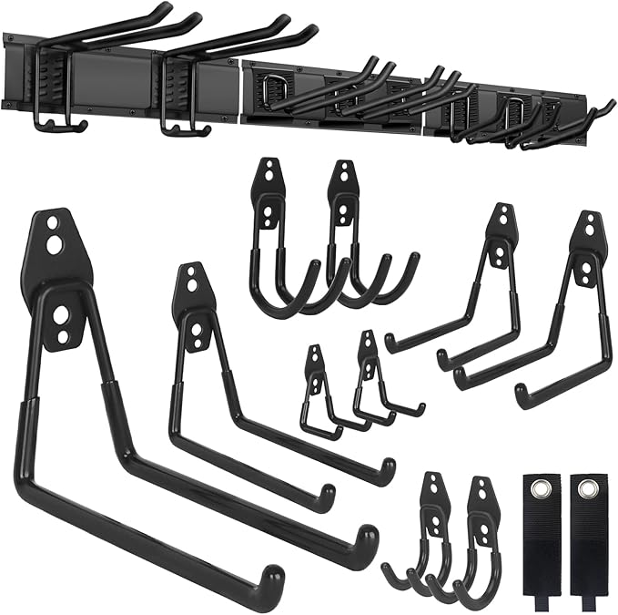 Garden Tool Organizer 48 in with 18 Garage Hooks, Heavy Duty Garage Wall Hooks for Hanging Ladder, Bike, Tool Storage Rack for Yard Tools, Shovel, Shed (23 Pack)