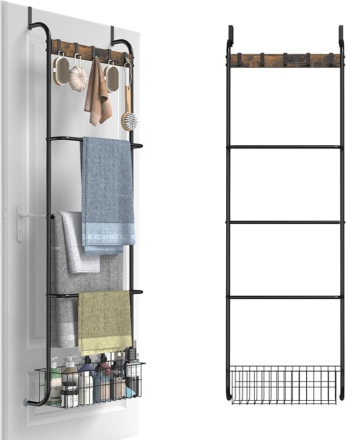 Over The Door Towel Rack,5-Tier Over Door Towel Racks for Bathroom,Towel Rack with Hooks and Basket Door Hanging,Blanket Ladder for Living Room Black