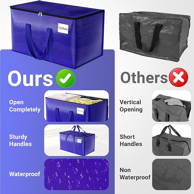 Moving Storage Bags, Moving Supplies Packing Boxes for Moving, Camping, College Dorm Room Essentials for Girls, Blue Tote Bags, Heavy-Duty Storage Bins With Lids And Zippers, 76L 4 Pack