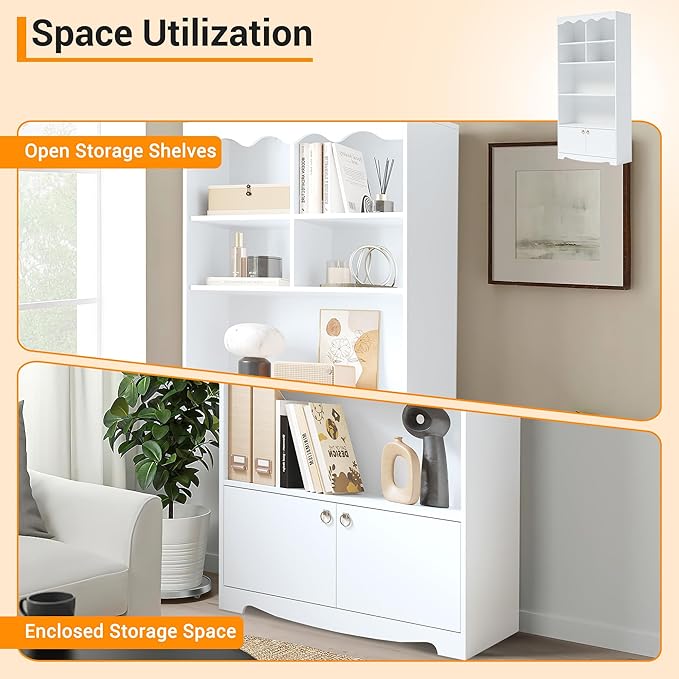 CABIHOME 63" Tall Bookshelf with Cabinet, 5-Tier Wood Bookcase with Wave Top, 6 Cubes & 2 Door Cabinets, Modern Display Storage Shelves with Gold Handles for Living Room, Bedroom & Home Office, White