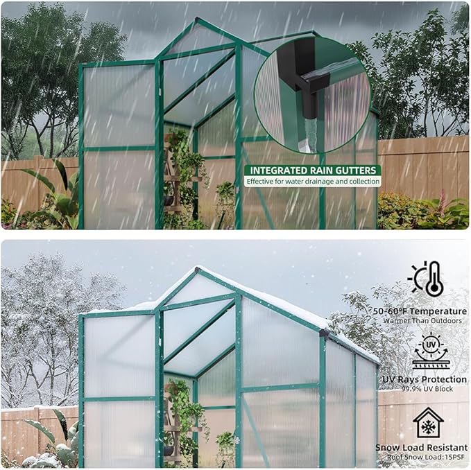 Polycarbonate Greenhouse with Rain Gutter and Roof Vent, Raised Base and Anchor Aluminum Heavy Duty Walk-in Green House, Outdoor Patio Sunroom for All Season (Green, 49.13*72.83*86.42in)