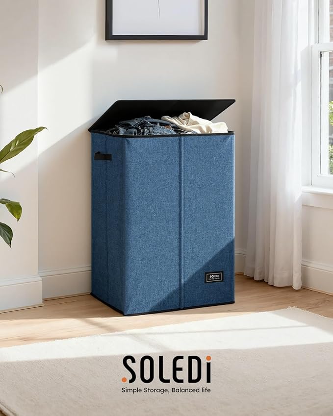 SOLEDI Laundry Hamper with Lid 130L Large & Tall Collapsible Laundry Basket, Clothes Hamper with Bag Removable Easy to Carry, Dirty Hampers for Bedroom, Bathroom, Dorm, College, Blue