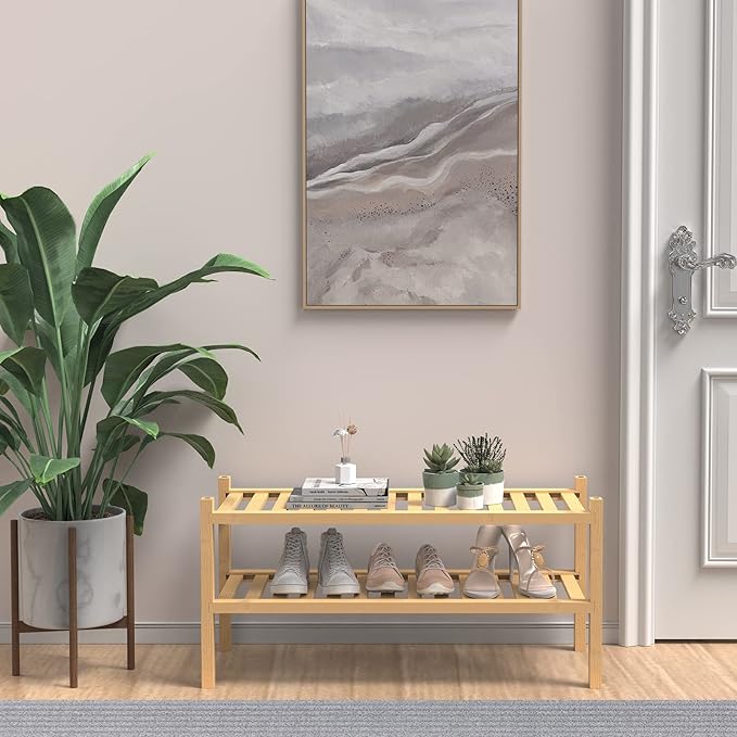 (Thick Bamboo Shoe Rack for Entryway, 2-Tier Free Standing Shoe Racks Stackable Shoe Rack Organizer for Hallway Closet Living Room 27 x12 x14 Inches