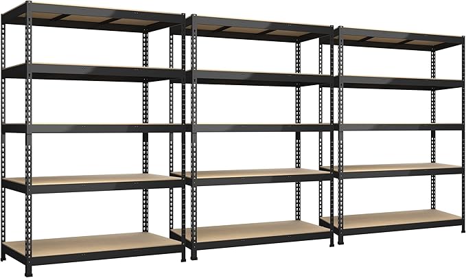 3 Packs 48" W x 24" D x 72" H Adjustable Garage Storage Shelves - 5-Shelf Heavy Duty Shelving Unit, Metal Utility Storage Organizer Racks for Warehouse Pantry Closet Kitchen, Black