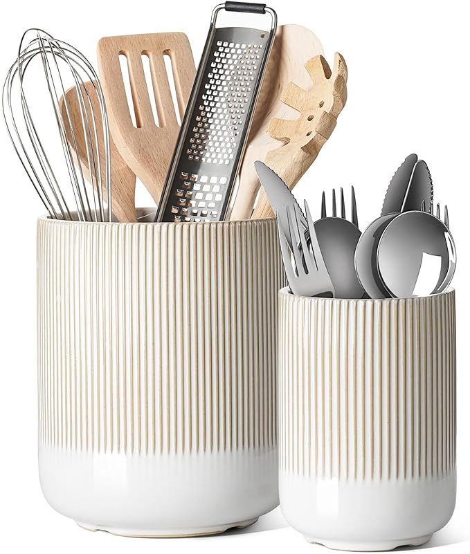 LE TAUCI Utensil Holder for Kitchen Counter, 7.3"+5.4" Fluted Ceramic Utensil Crock Organizer for Countertop, Heavy Large Holder for Spatulas, Spoons, Set of 2, Warm White Glaze