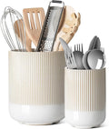 LE TAUCI Utensil Holder for Kitchen Counter, 7.3"+5.4" Fluted Ceramic Utensil Crock Organizer for Countertop, Heavy Large Holder for Spatulas, Spoons, Set of 2, Warm White Glaze