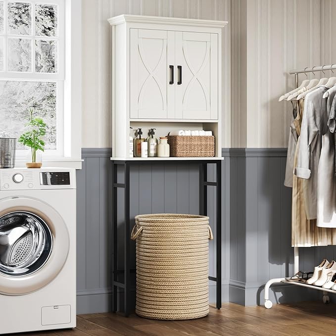 Over The Toilet Storage Cabinet, Over The Toilet Cabinet with Doors, Over Toilet Bathroom Organizer Above Toilet Storage Cabinet with Inner Adjustable Shelf and Anti-Tip Device, Cream White
