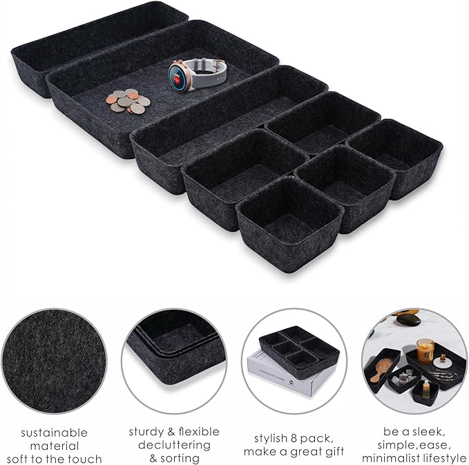 Welaxy Desk Drawer Organizer Tray, 8-Piece Shallow Felt Office Storage for Pens & Accessories (Charcoal)