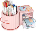 LETURE Rotating Office Desk Organizers and Accessories with 2 Drawer, Pencil Pen Marker Holder for Desk, Desktop Storage Organizers and Accessories for Office Home Art Supplies (Pink)