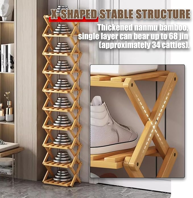 The 9-Tier No-Assembly Bamboo Rack, 2-9 Tier Folding Shoe Storage Rack, Space-Saving Organizer for Shoes, No Assembly Narrow Shoe Shelf for Entryway Closet Dorm (Natural, 3 Tier)