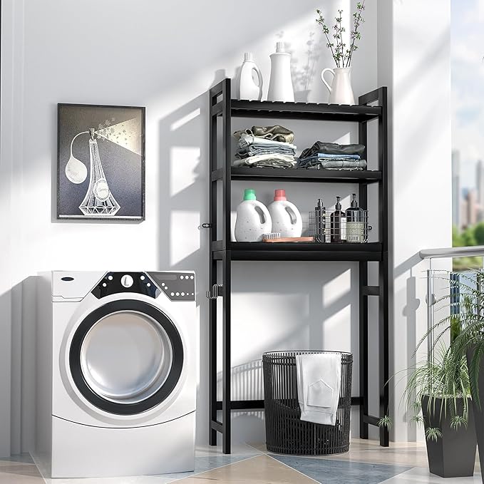 Homykic Bamboo Over The Toilet Storage Shelf, 3-Tier Above Toilet Storage Organizer Rack with 3 Hooks, Freestanding Bathroom Tower Shelf Unit for Small Space, No Rust, Easy to Assemble, Black