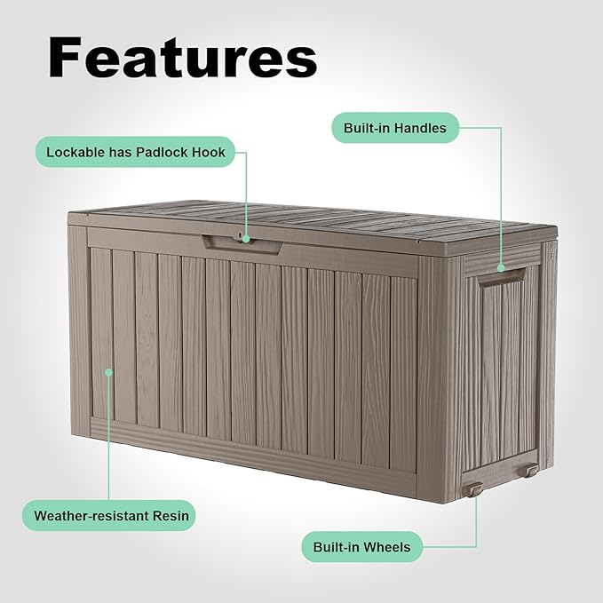 90 Gallon Deck Box Outdoor, Waterproof Outdoor Storage Boxes with Lids, Outside Resin Lockable Storage Box for Patio Cushions, Garden Tools(Grey)