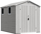 Devoko 6x8 FT Resin Storage Shed with Floor, Outdoor Plastic Garden Shed with Window, Waterproof Tool Storage Shed with Lockable Door for Backyard, Patio, Lawn, Light Gray