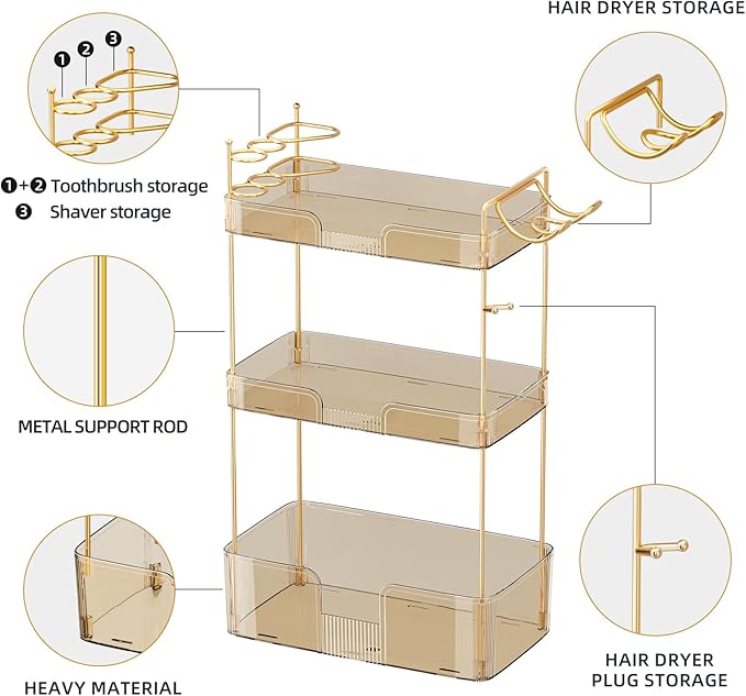 Bathroom Counter Organizer with Hair Dryer Holder, Hair Tool Countertop Storage, Cosmetics Skincare Shelf Organizer, Makeup Organizer Perfume for Dresser Vanity Tray(3 Tier-Gold)
