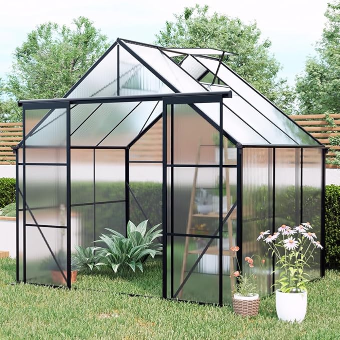 Double Sliding Door Polycarbonate Greenhouse with Rain Gutter and Roof Vent, Raised Base and Anchor Aluminum Heavy Duty Walk-in Green House, Outdoor Patio Sunroom (Black, 73.75*94.5*89.5in)