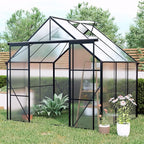 Double Sliding Door Polycarbonate Greenhouse with Rain Gutter and Roof Vent, Raised Base and Anchor Aluminum Heavy Duty Walk-in Green House, Outdoor Patio Sunroom (Black, 73.75*94.5*89.5in)