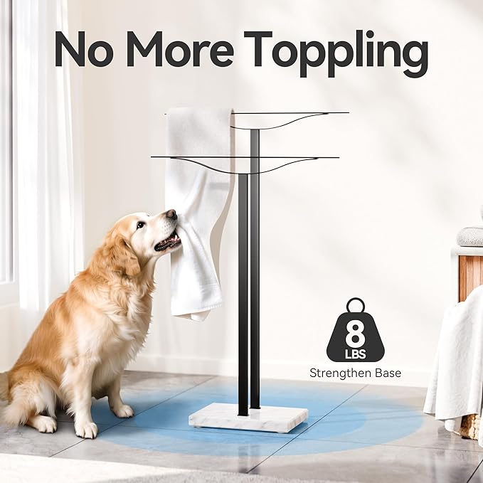 Bathroom Towel Rack Freestanding Floor Stand: Black 33in 2‑Bar Weighted Marble Base Towel Holder, Rustproof 304 Stainless Steel Drying Rack for Bath&Hand Towels, No‑Drill Slim Organizer, Spa Pool