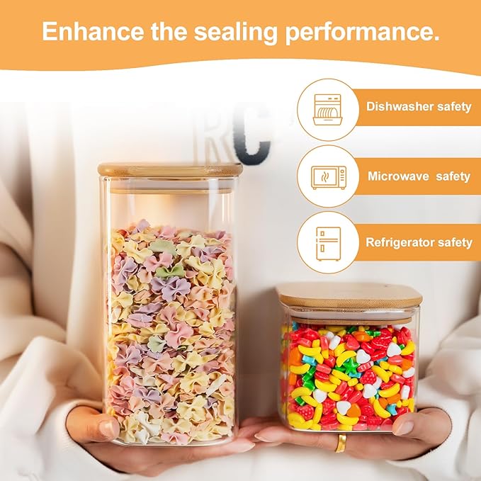 YUNCANG Glass Storage Jars 27oz [Set of 6],Clear Glass Food Storage Containers with Airtight Bamboo Lid Stackable Kitchen Canisters for Candy,Cookie,Rice,Sugar,Flour,Pasta(Square)