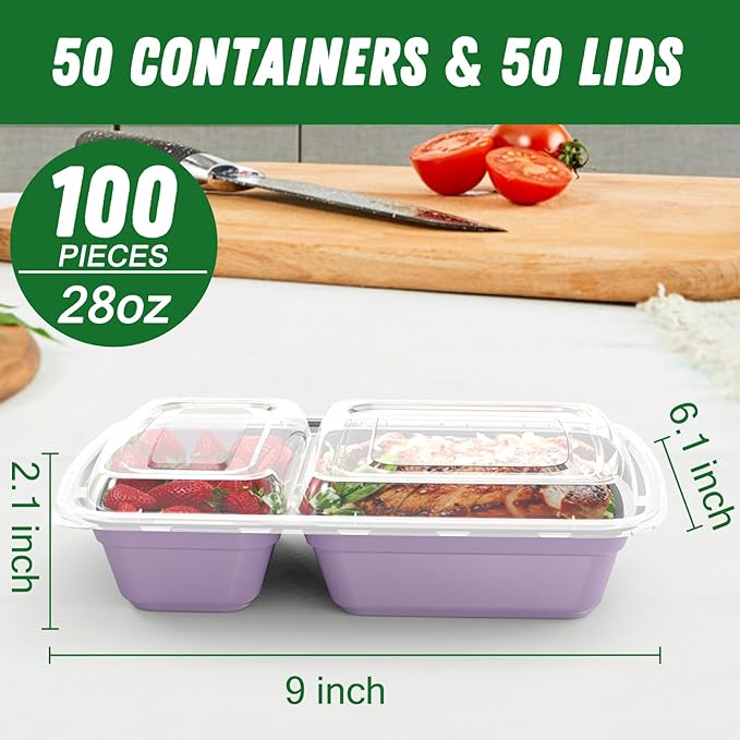 50 Pack (100-Piece) 28 oz Meal Prep Containers Reusable with Lids 2-Compartment, Sturdy Leakproof Food Safe, Microwave Freezer Dishwasher Safe, To Go Take Out Plastic Food Storage, Lilac