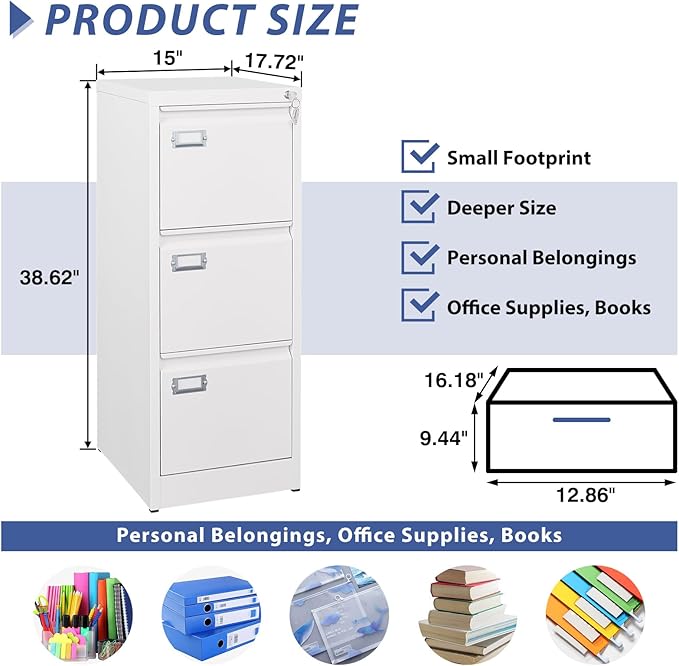 3 Drawer File Cabinet, Filing Cabinets for Home Office, Metal Vertical File Storage Cabinet with Lock, Locking File Cabinet for A4 Legal/Letter, 15" W x 17.7" D x 38.6" H, Assembly Required