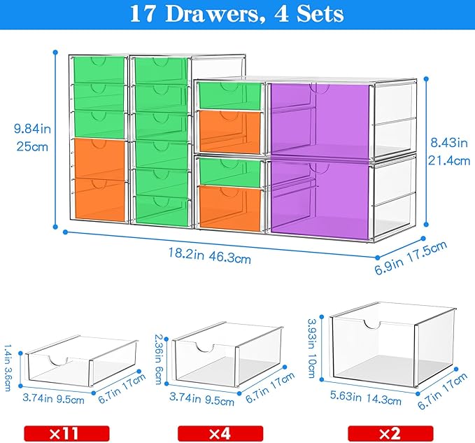 Makeup Acrylic Organizer with 17 Drawers(4 Sets), Desk Organizers and Accessories, Clear Makeup Organizer, Dustproof Storage Drawers for Office Art Craft Supplies