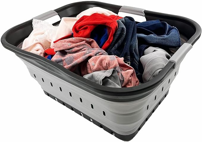 SAMMART 42L (11 gallon) Collapsible Plastic Laundry Basket - Foldable Pop Up Storage Container/Organizer - Portable Basket - Space Saving Hamper (Black/Alloy Grey (Set of 2))