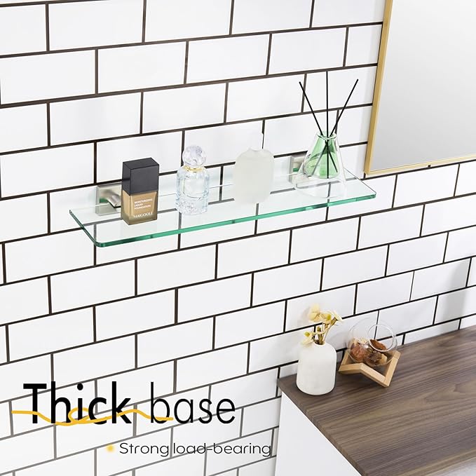KOKOSIRI Floating Shelves Wall Mount 20-Inch Bathroom Tempered Glass Shelf Shower Storage Kitchen Rack, 2 Pack Brushed Stainless Steel B1107BR-L20-P2