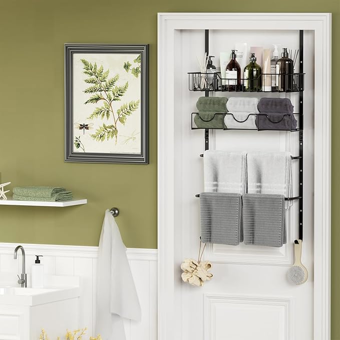4 Tiers Towel Racks for Bathroom Door, Adjustable Bathroom Towel Holder with Storage Basket, Towel Storage for Bathroom Over The Door Towel Bar for Bathroom